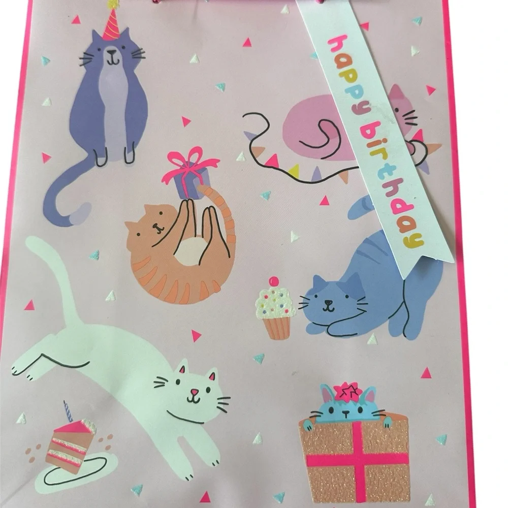 New Pack of 15 -Pink Birthday Cat Gift Bag and Card Set